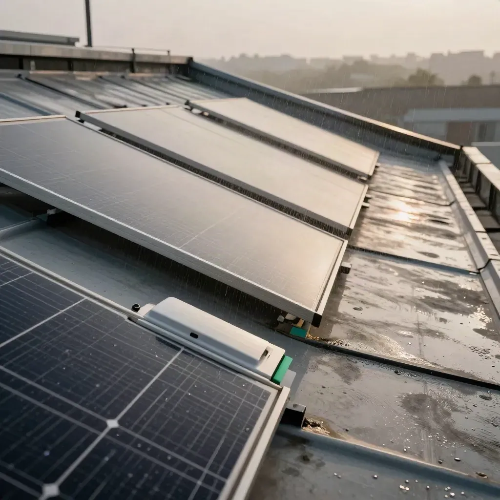 Tetto industriale con pannelli fotovoltaici, vento e spruzzi su superfici metalliche.