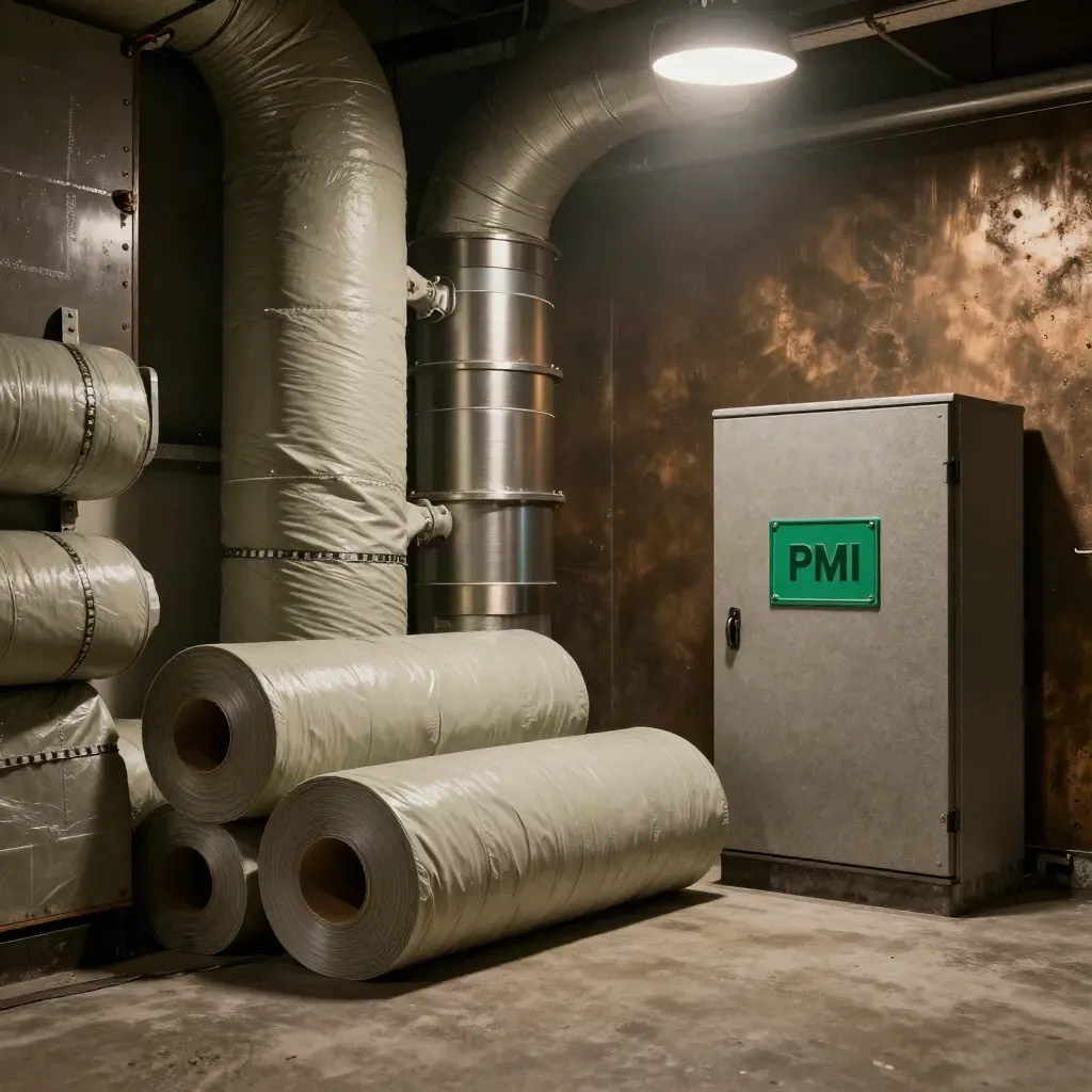 Angolo tecnico con condotti coibentati, moduli energia e rotoli isolanti in una PMI