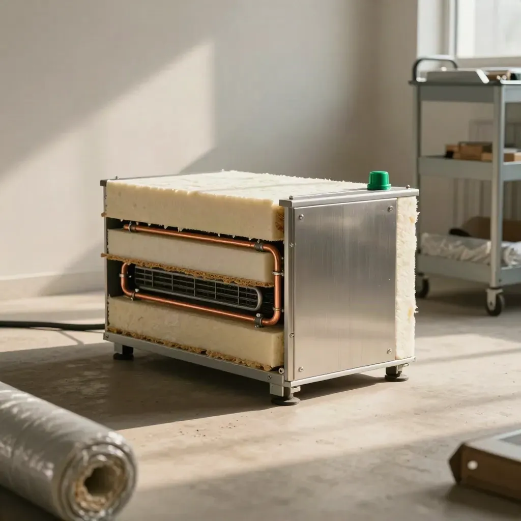 Locale tecnico con pompa di calore, tubi e isolanti pronti alla spedizione