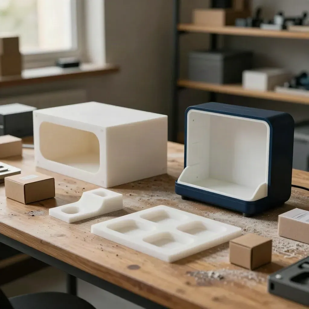 Banco prototipi startup con pezzi 3D, foam, scatole campione e case chiuso in luce calda.