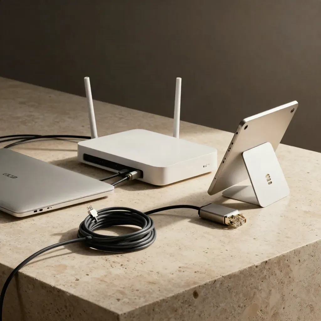 Postazione digitale per PMI con laptop chiuso, router, cavi e supporti tablet su travertino.