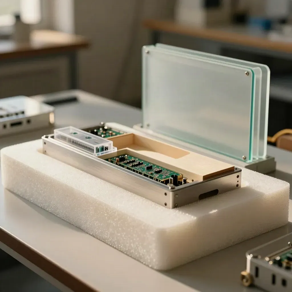 Banco di incubazione startup con prototipo, inserti in foam e vassoi componenti vicino a vetri opachi.