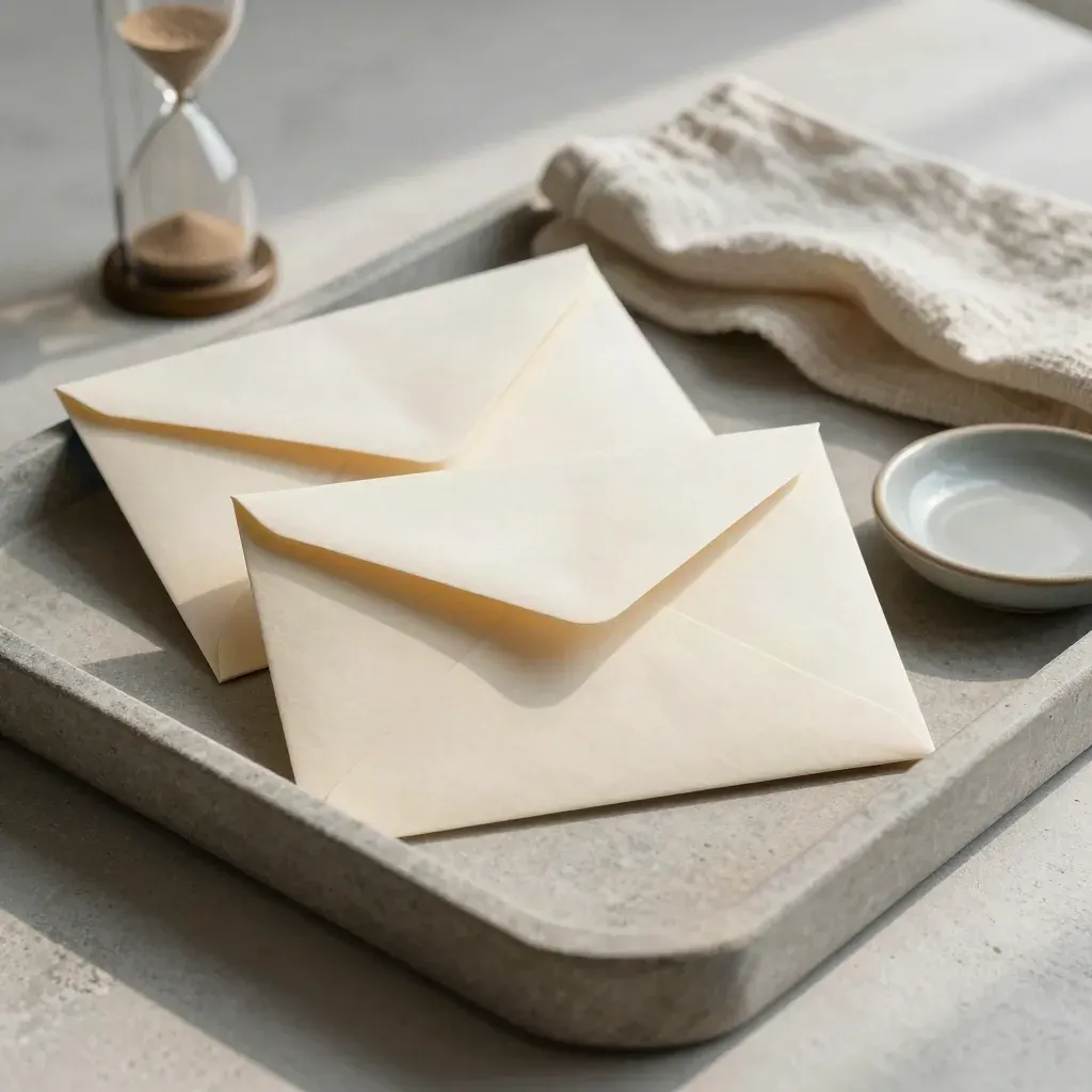 Vassoio con buste chiuse, clessidra, panno piegato e ciotola ceramica su superficie neutra.